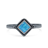 Square Vintage Style Petite Dainty Lab Opal Ring Solid Oxidized 925 Sterling Silver