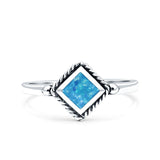 Square Vintage Style Petite Dainty Lab Opal Ring Solid Oxidized 925 Sterling Silver