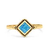 Square Vintage Style Petite Dainty Lab Opal Ring Solid Oxidized 925 Sterling Silver