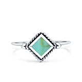 Square Vintage Style Petite Dainty Lab Opal Ring Solid Oxidized 925 Sterling Silver