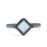 Square Vintage Style Petite Dainty Lab Opal Ring Solid Oxidized 925 Sterling Silver