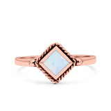 Square Vintage Style Petite Dainty Lab Opal Ring Solid Oxidized 925 Sterling Silver