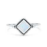 Square Vintage Style Petite Dainty Lab Opal Ring Solid Oxidized 925 Sterling Silver