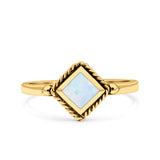Square Vintage Style Petite Dainty Lab Opal Ring Solid Oxidized 925 Sterling Silver