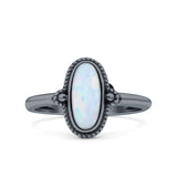 Vintage Style Petite Dainty Lab Opal Ring Solid Oval Oxidized 925 Sterling Silver