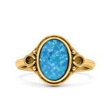 Vintage Style Petite Dainty Lab Opal Ring Solid Oval Oxidized 925 Sterling Silver