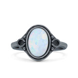 Vintage Style Petite Dainty Lab Opal Ring Solid Oval Oxidized 925 Sterling Silver