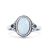 Vintage Style Petite Dainty Lab Opal Ring Solid Oval Oxidized 925 Sterling Silver