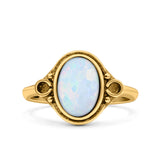 Vintage Style Petite Dainty Lab Opal Ring Solid Oval Oxidized 925 Sterling Silver