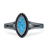 Marquise Twisted Rope Oxidized Split Shank Created Blue & White Opal Thumb Ring 925 Sterling Silver