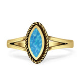 Marquise Twisted Rope Oxidized Split Shank Created Blue & White Opal Thumb Ring 925 Sterling Silver
