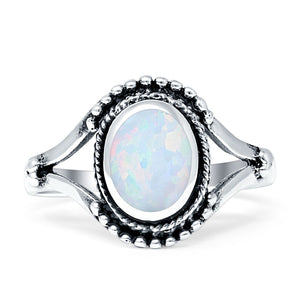 Oval Rope Beaded Oxidized Split Shank Created Opal Thumb Ring 925 Sterling Silver