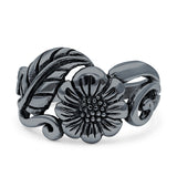 Sunflower Oxidized Sunshine Flower And Leaves Band Solid 925 Sterling Silver Thumb Ring (13mm)