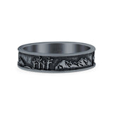 Mountains & Trees Ring Oxidized Band Solid 925 Sterling Silver Thumb Ring (5mm)