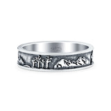 Mountains & Trees Ring Oxidized Band Solid 925 Sterling Silver Thumb Ring (5mm)