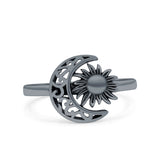 Crescent Moon & Star Oxidized Band Solid 925 Sterling Silver Thumb Ring (11mm)