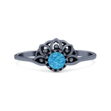 Flower Petite Dainty Thumb Ring Round Lab Created Opal Statement Fashion Ring Oxidized 925 Sterling Silver