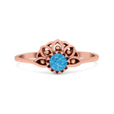 Flower Petite Dainty Thumb Ring Round Lab Created Opal Statement Fashion Ring Oxidized 925 Sterling Silver