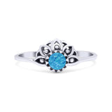 Flower Petite Dainty Thumb Ring Round Lab Created Opal Statement Fashion Ring Oxidized 925 Sterling Silver