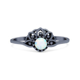 Flower Petite Dainty Thumb Ring Round Lab Created Opal Statement Fashion Ring Oxidized 925 Sterling Silver