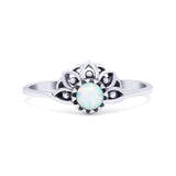 Flower Petite Dainty Thumb Ring Round Lab Created Opal Statement Fashion Ring Oxidized 925 Sterling Silver