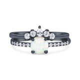 Two Piece Vintage Style Bridal Set Ring Band Round Lab Created White Opal Simulated CZ 925 Sterling Silver