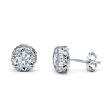 Art Deco Round Halo Engagement Bridal Stud Earrings Simulated CZ 925 Sterling Silver