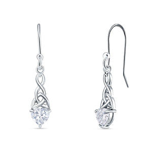 Celtic Trinity Heart Fish-Hook Earrings Cubic Zirconia 925 Sterling Silver
