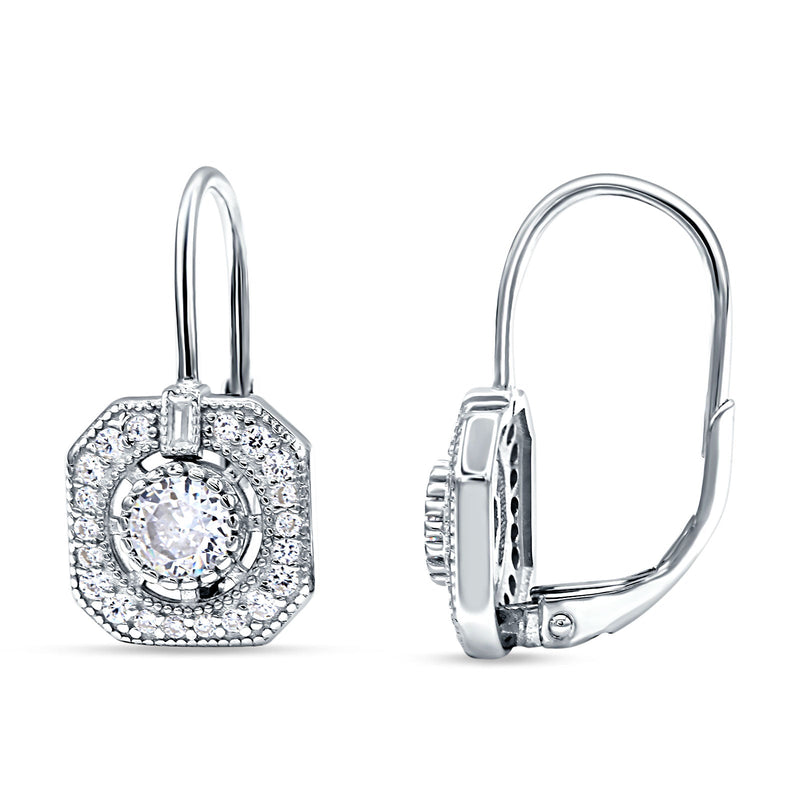 Halo Octagonal Earrings Cubic Zirconia 925 Sterling Silver