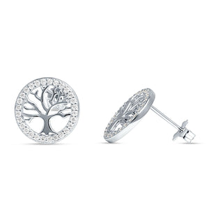 Tree Of Life Stud Earrings Cubic Zirconia 925 Sterling Silver