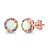 Multicolor Stud Earrings Created Opal Round Simulated CZ 925 Sterling Silver(9mm)