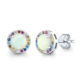 Multicolor Stud Earrings Created Opal Round Simulated CZ 925 Sterling Silver(9mm)