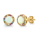 Multicolor Stud Earrings Created Opal Round Simulated CZ 925 Sterling Silver(9mm)