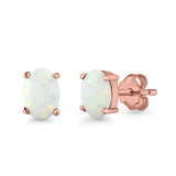 Created Opal Oval Stud Earrings Rhodium Plated 925 Sterling Silver (11mm)