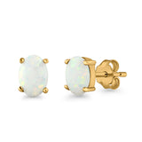 Created Opal Oval Stud Earrings Rhodium Plated 925 Sterling Silver (11mm)