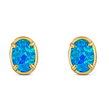 Art Deco Oval Stud Earring Created Opal Solid 925 Sterling Silver (8mm)