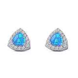 Halo Art Deco Trillion Triangle Stud Earring Created Opal Solid 925 Sterling Silver (9mm)