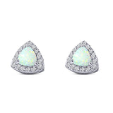 Halo Art Deco Trillion Triangle Stud Earring Created Opal Solid 925 Sterling Silver (9mm)