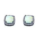 Halo Art Deco Cushion Cut Stud Earring Created Opal Solid 925 Sterling Silver (11mm)