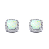 Halo Art Deco Cushion Cut Stud Earring Created Opal Solid 925 Sterling Silver (11mm)