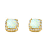 Halo Art Deco Cushion Cut Stud Earring Created Opal Solid 925 Sterling Silver (11mm)