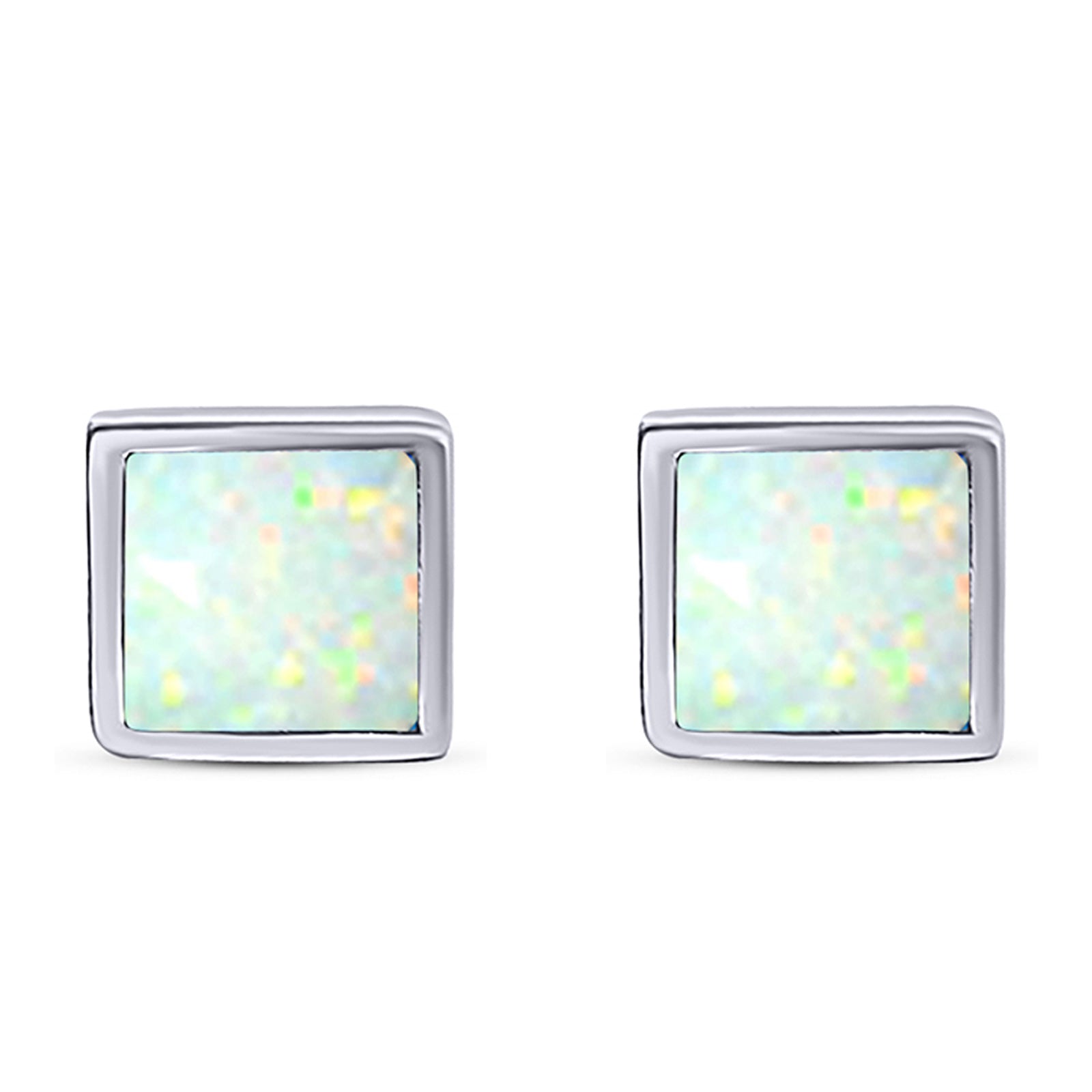 Princess Stud Earring Created Opal Solid 925 Sterling Silver (8mm)