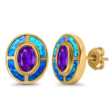 Oval Amethyst Stud Earrings Lab Created Opal Simulated CZ 925 Sterling Silver (13mm)