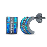 Fashion C Half Hoop Stud Earring Created Blue Opal Simulated CZ 925 Sterling Silver (12mm)
