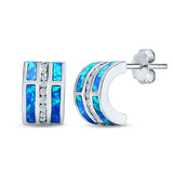 Fashion C Half Hoop Stud Earring Created Blue Opal Simulated CZ 925 Sterling Silver (12mm)