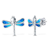 Dragonfly Stud Earring Created Blue Opal Simulated CZ 925 Sterling Silver (16mm)