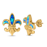 Fleur de lis Stud Earring Lab Created Opal 925 Sterling Silver (16mm)