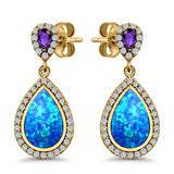 Amethyst Stud Earrings Pear Created Opal Simulated CZ 925 Sterling Silver (31mm)