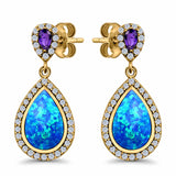 Amethyst Stud Earrings Pear Created Opal Simulated CZ 925 Sterling Silver (31mm)