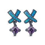 New Design Cross Stud Earring Created Opal Princess Simulated Amethyst CZ 925 Sterling Silver (20mm)